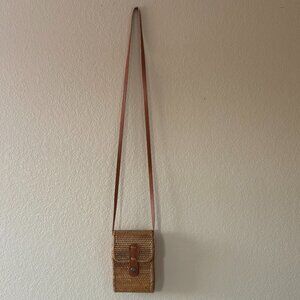 Rattan Crossbody Bag Small Rectangular Woven Brown Leather Strap and Closure